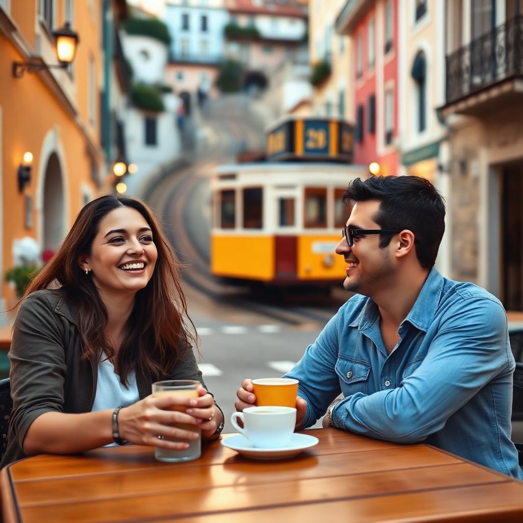 Two friends sharing coffee with Lisbon's yellow tram in the background